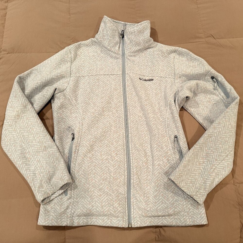 Columbia Fleece Jacket Girls M Light Blue-White Floral Zip Up Sportswear Kids